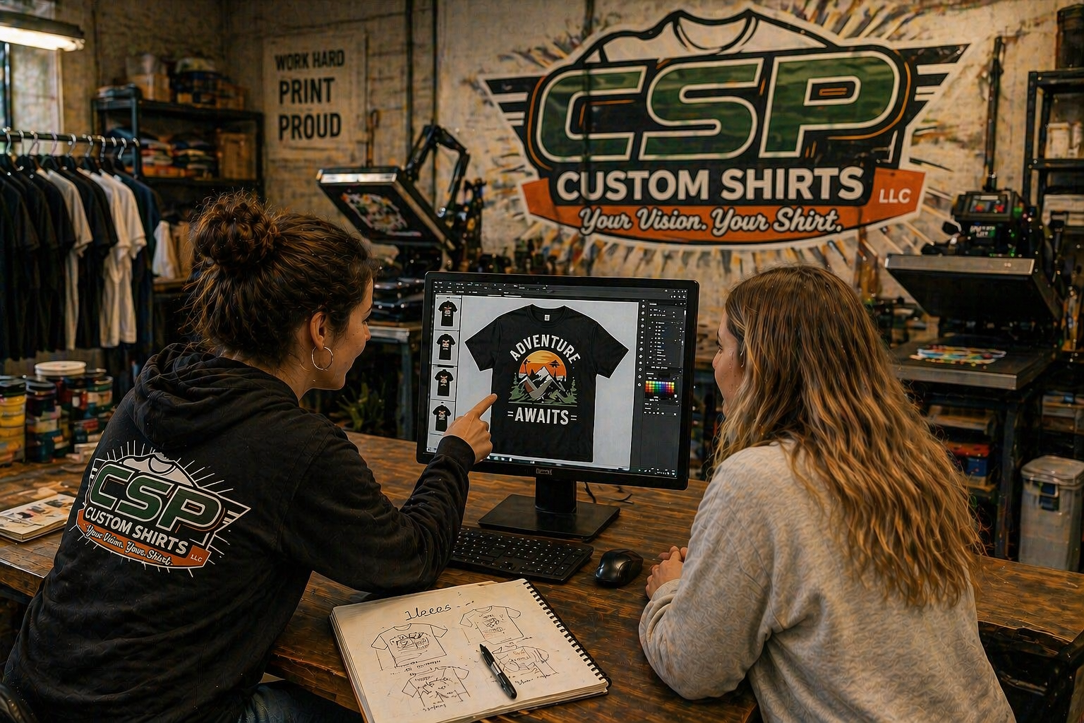 CSP Custom Shirts team reviewing a custom shirt design together